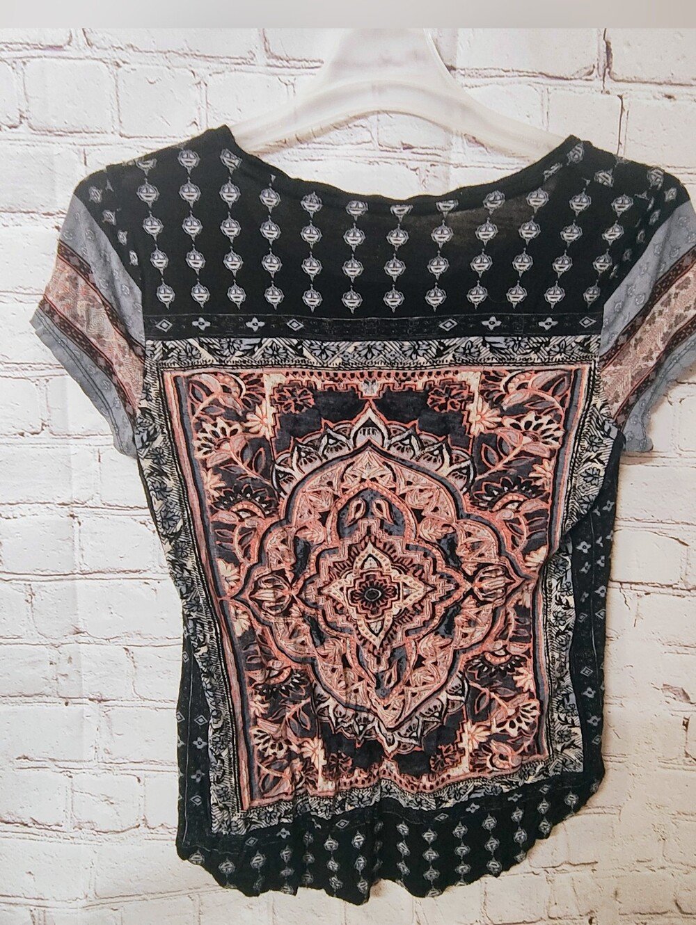 Lucky Brand Scoop Boho Celestial Blue Pink Top L Jersey Knit Top - Picture 2 of 8